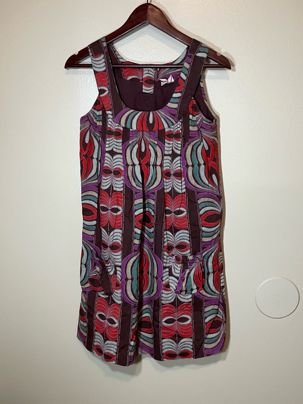 Mini Dress Red Green Multi-Print Sleeveless Pockets Lined size 7 Retro Cotton